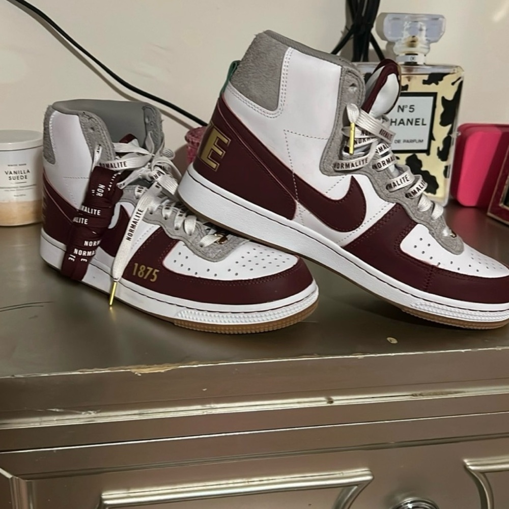 White and Maroon High-Top Sneakers